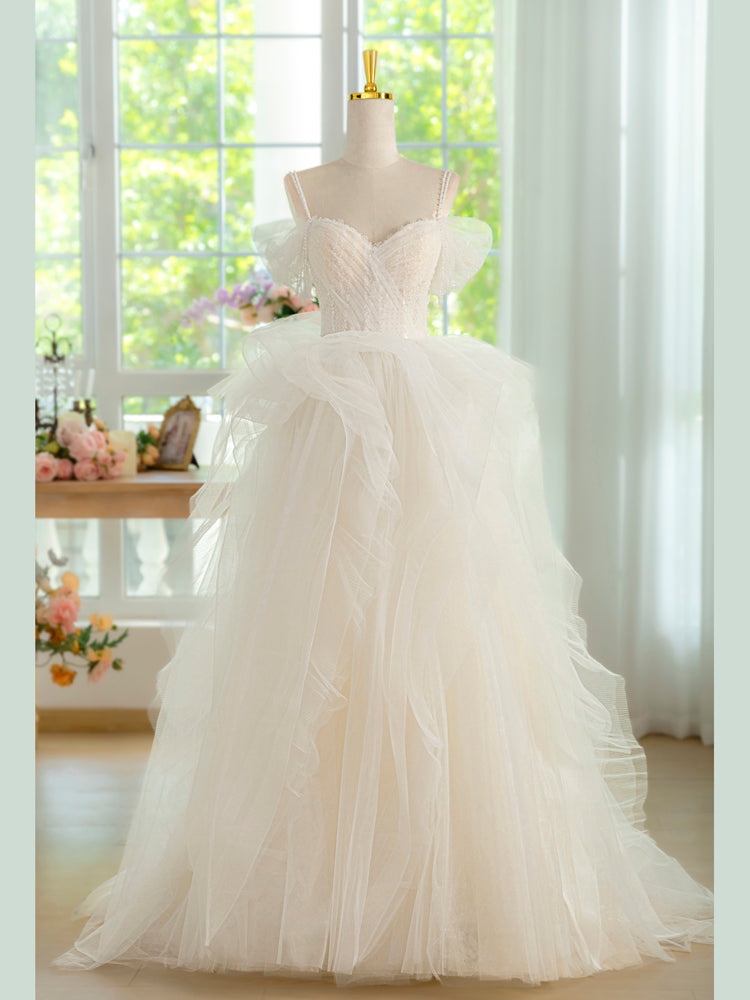 Ball Gown Tulle Lace ivory Long Prom Dress, ivory Long Graduation Dress