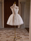 A-Line Sweetheart Neck Tulle Lace Champagne Short Prom Dress