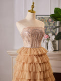 A-Line Tulle Lace Champagne Long Prom Dress With Beads