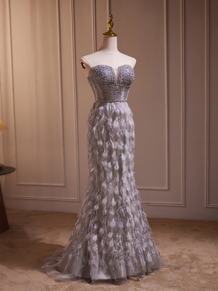 Unique Sweetheart Neck Mermaid Gray Long Prom Dress with Beads