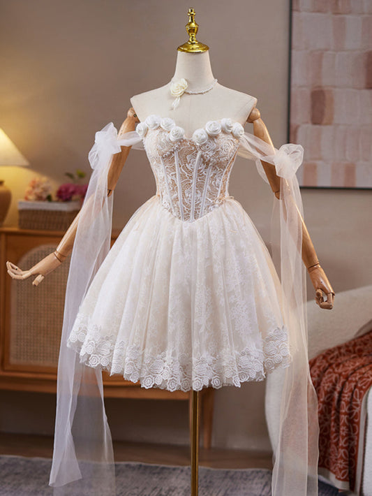 A-Line Off Shoulder Tulle Lace Light Champagne Short Prom Dress, Light Champagne Homecoming Dress