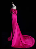 Simple Off Shoulder Mermaid Rose Red Long Prom Dress, Rose Red Satin Long Formal Dress