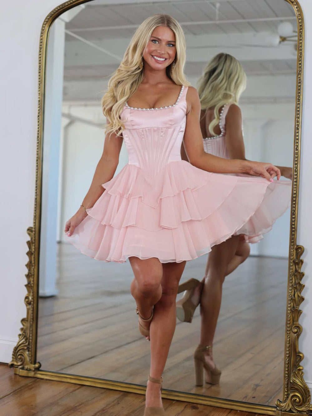 A-line Satin Chiffon Pink Short Homecoming Dress with Beads