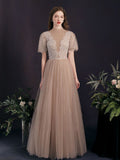 A-Line Tulle Lace Champagne Long Prom Dress, Tulle Lace Long Bridesmaid Dress
