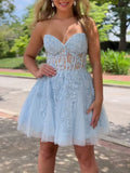 Blue A-line Lace Short Prom Dress, Blue Cute Homecoming Dress