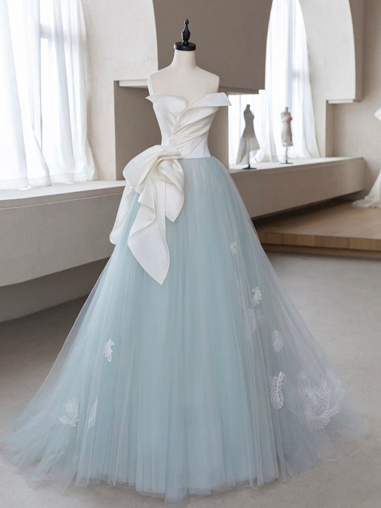 A-Line Tulle Lace Blue Long Prom Dress, Blue Tulle Lace Formal Dress