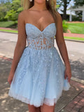 Blue A-line Lace Short Prom Dress, Blue Cute Homecoming Dress