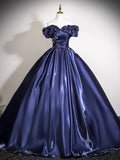 A-Line Off Shoulder Satin Dark Blue Long Prom Dress, Dark Blue Long Formal Dress