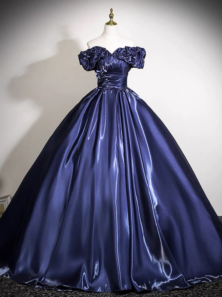 A-Line Off Shoulder Satin Dark Blue Long Prom Dress, Dark Blue Long Formal Dress