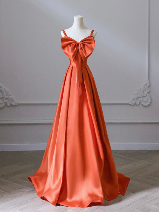 A-Line Orange Satin Long Prom Dress, Orange Long Evening Dress