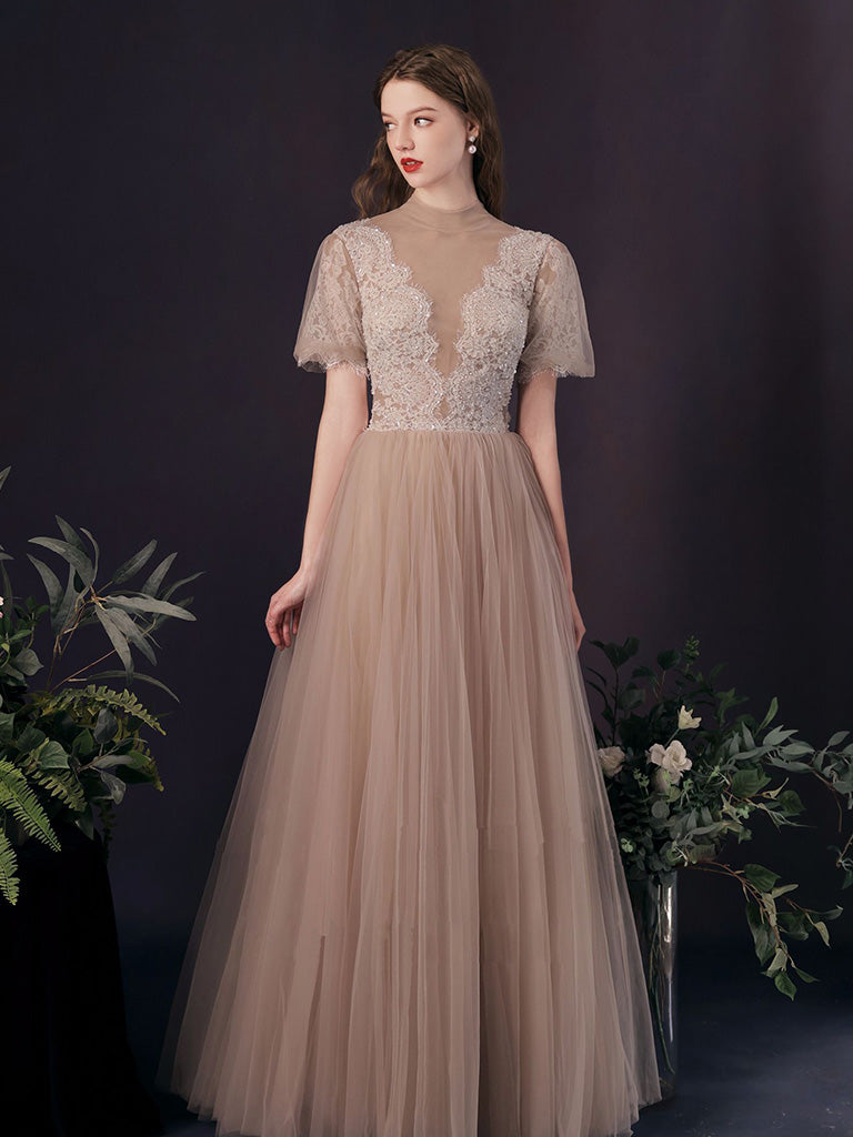 A-Line Tulle Lace Champagne Long Prom Dress, Tulle Lace Long Bridesmaid Dress