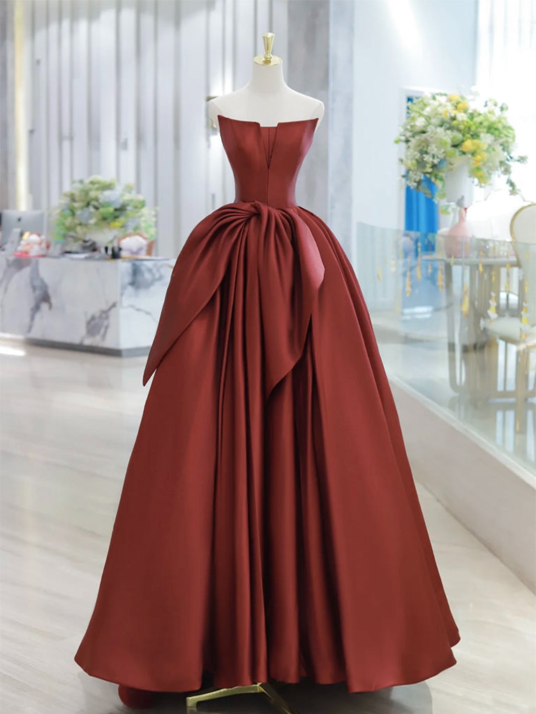 A-Line Satin Burgundy Long Prom Dress, Burgundy Long Formal Dress