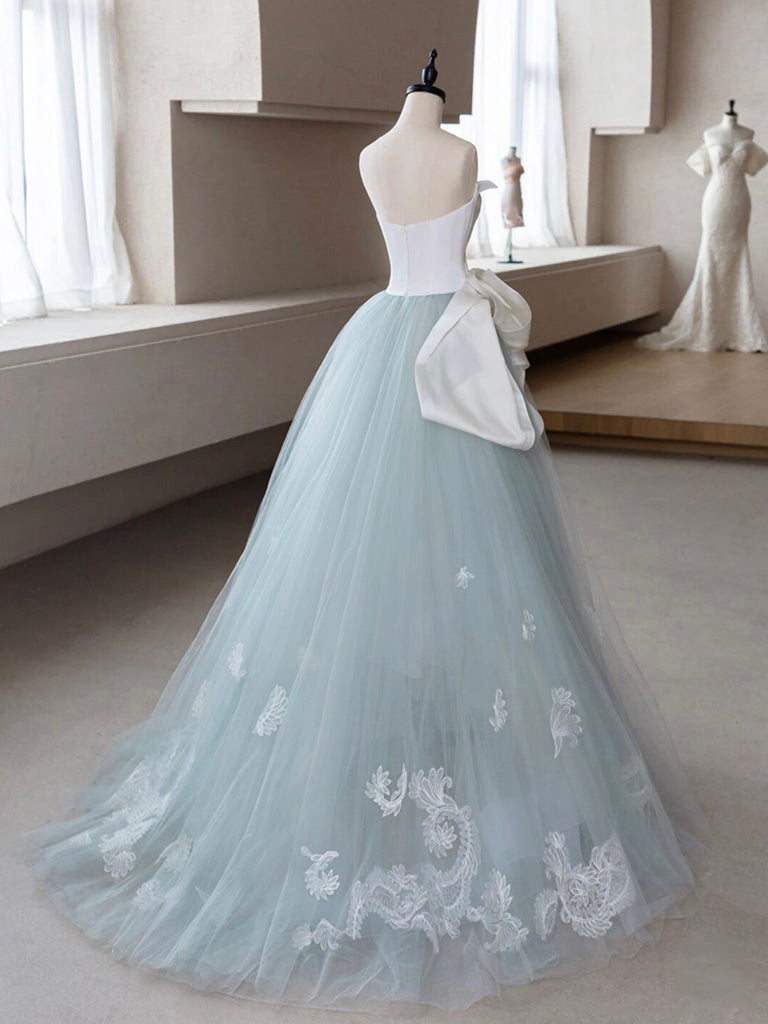 A-Line Tulle Lace Blue Long Prom Dress, Blue Tulle Lace Formal Dress