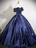 A-Line Off Shoulder Satin Dark Blue Long Prom Dress, Dark Blue Long Formal Dress