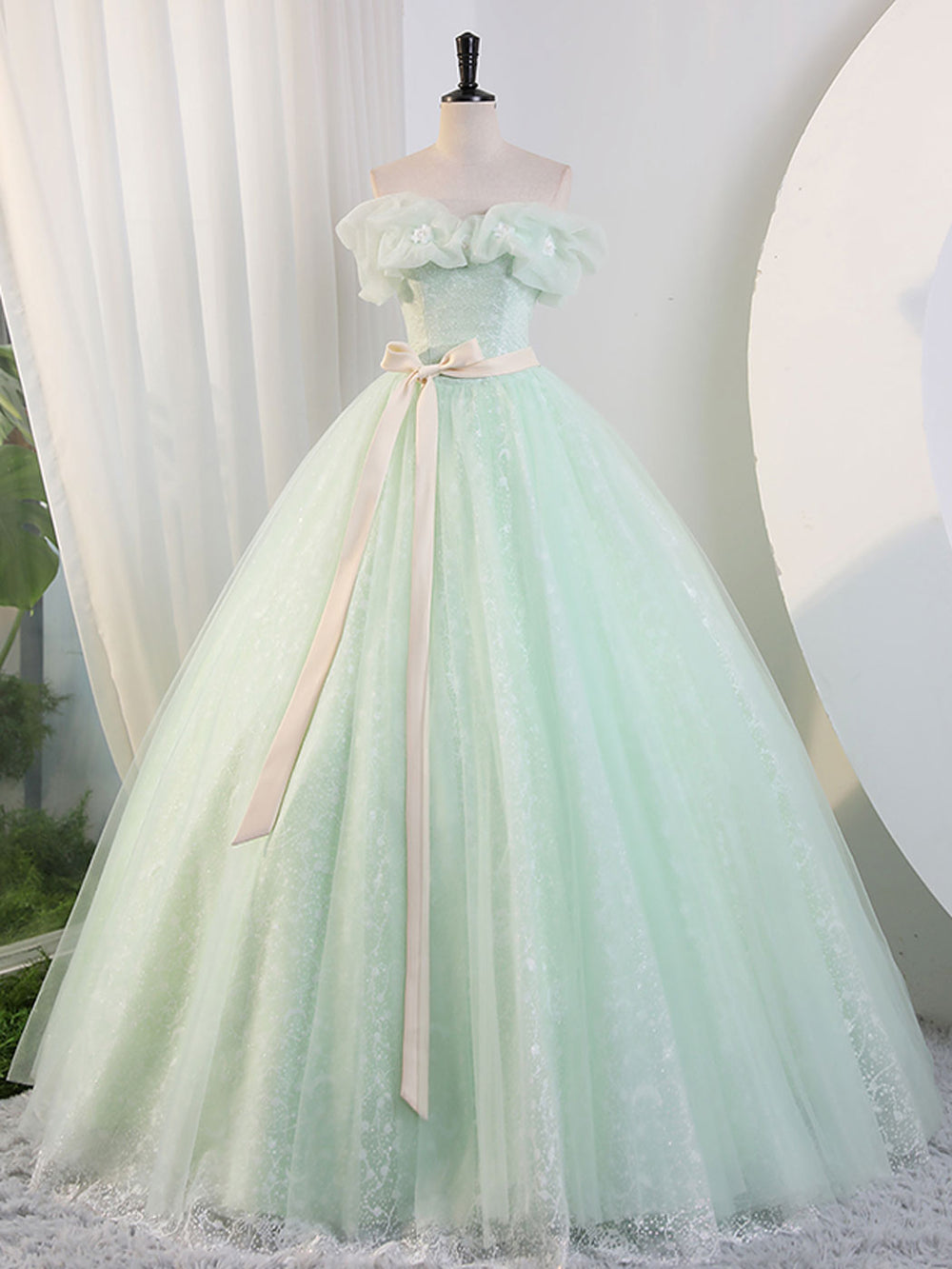 A-Line  Off Shoulder Green Long Prom Dress, Green Sweet 16 Dress