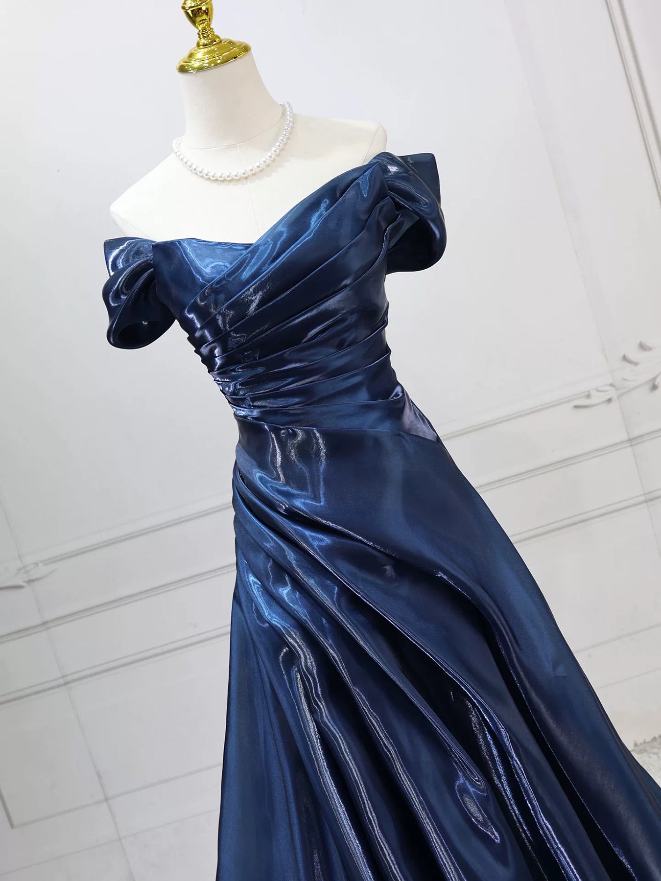 A-line Off Shoulder Dark Blue Long Prom Dress, Blue Party Dress