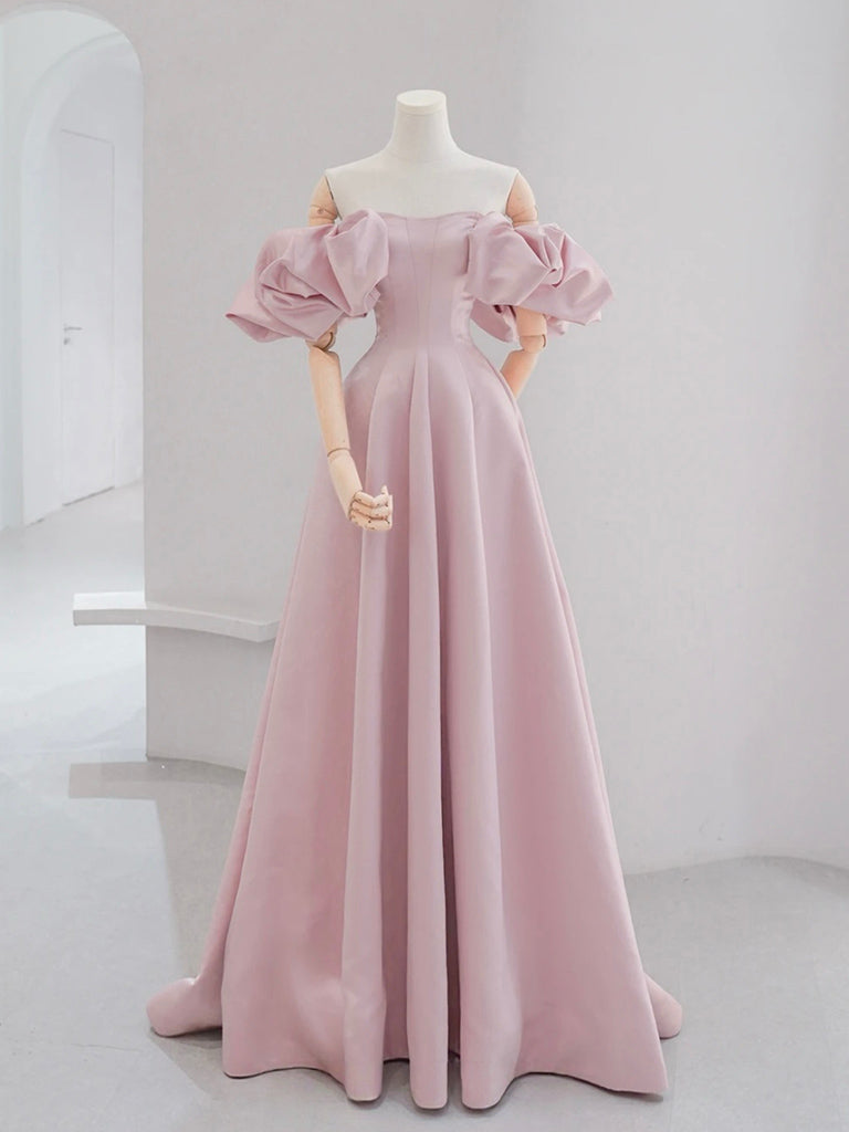 A-Line Puff Sleeves Satin Pink Long Prom Dress, Pink Long Formal Dress – dresstby