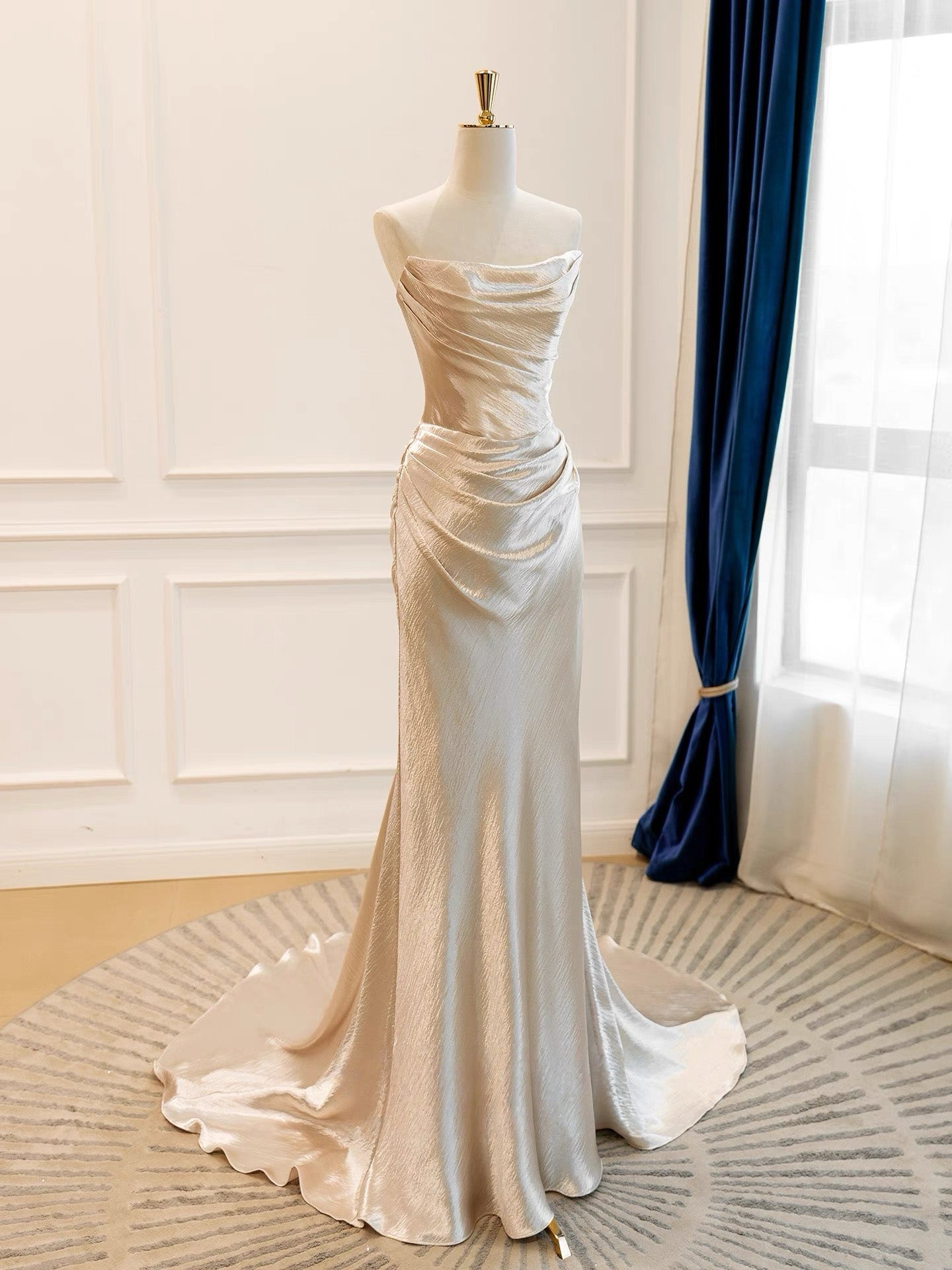 Mermaid Satin Champagne Long Prom Dress, Champagne Long Evening Dress