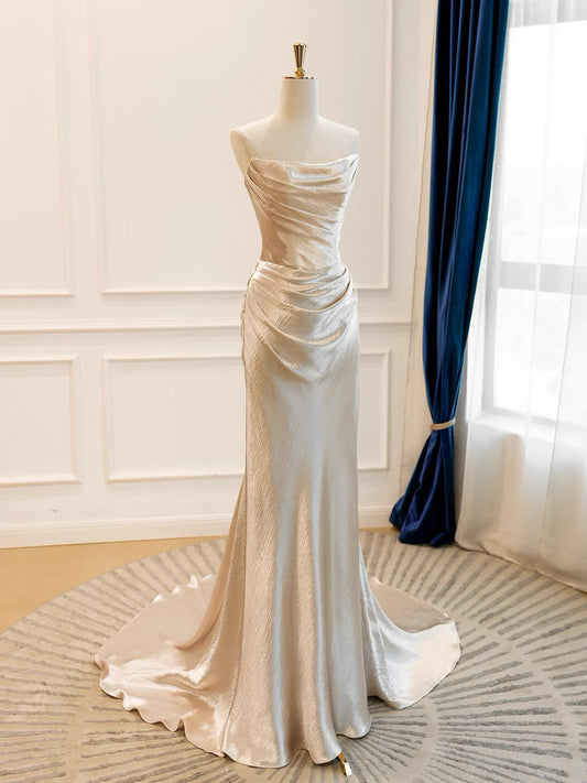 Mermaid Satin Champagne Long Prom Dress, Champagne Long Evening Dress