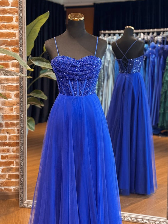 A-Line Blue Long Evening Prom Dress, Tulle Sequin Long Blue Evening Dress main image 1