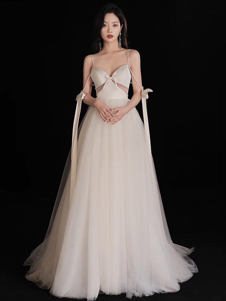 A-Line Light Champagne Tulle Beads Long Prom Dress, Light Champagne Evening Dress