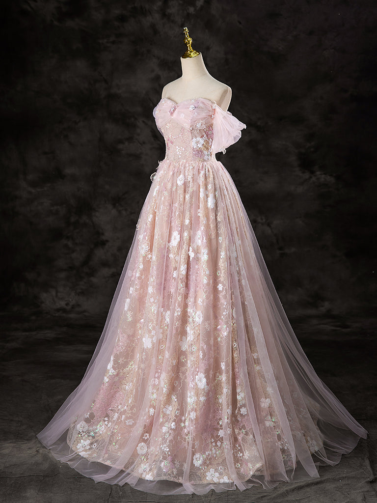 A-Line Off Shoulder Pink Long Prom Dress, Pink Sweet 16 Dress dresstby A-Line Off Shoulder Pink Long Prom Dress, Pink Sweet 16 Dress dresstby