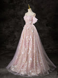 A-Line Off Shoulder Pink Long Prom Dress, Pink Sweet 16 Dress