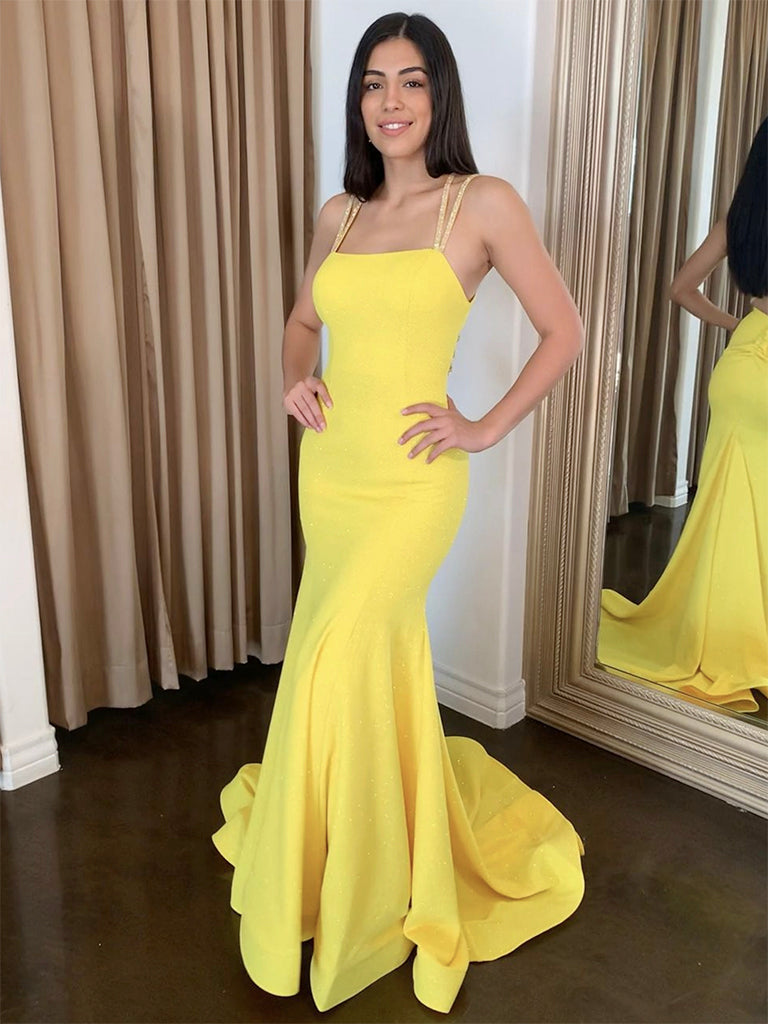 Simple Backless Satin Yellow Long Prom Dress, Yellow Evening Dress