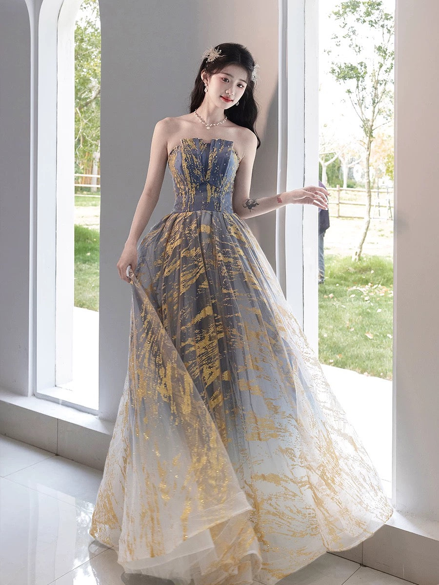 A-Line Tulle Sequin Blue/Gold Long Prom Dress, Blue/Gold Long Formal Dress