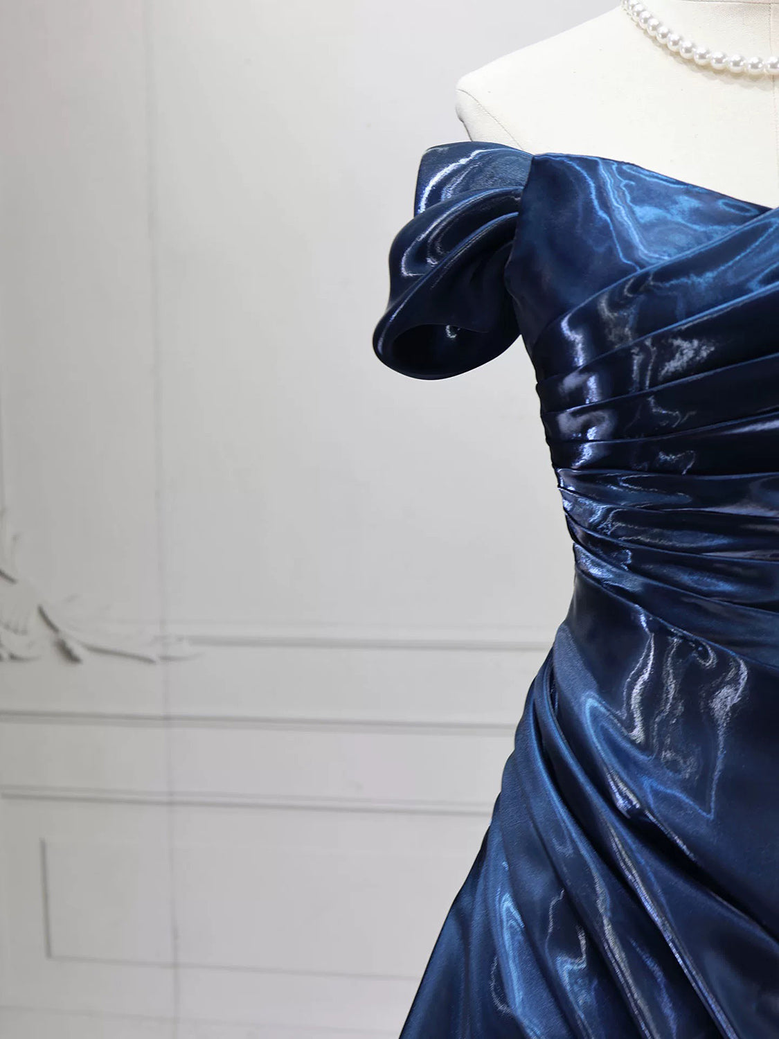 A-line Off Shoulder Dark Blue Long Prom Dress, Blue Party Dress