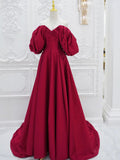 Red V Neck Satin Long Prom Dress, Red Puff Sleeves Satin Long Formal Dress