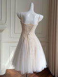 A-Line Sweetheart Neck Tulle Sequin Light Champagne Short Prom Dress