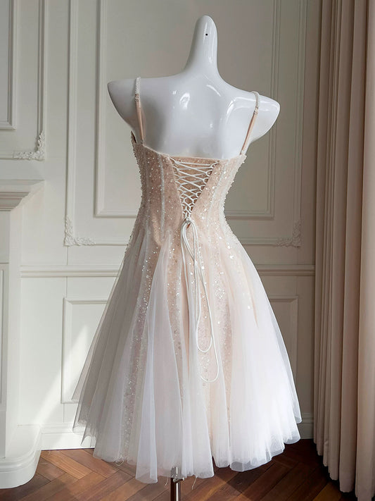 A-Line Sweetheart Neck Tulle Sequin Light Champagne Short Prom Dress