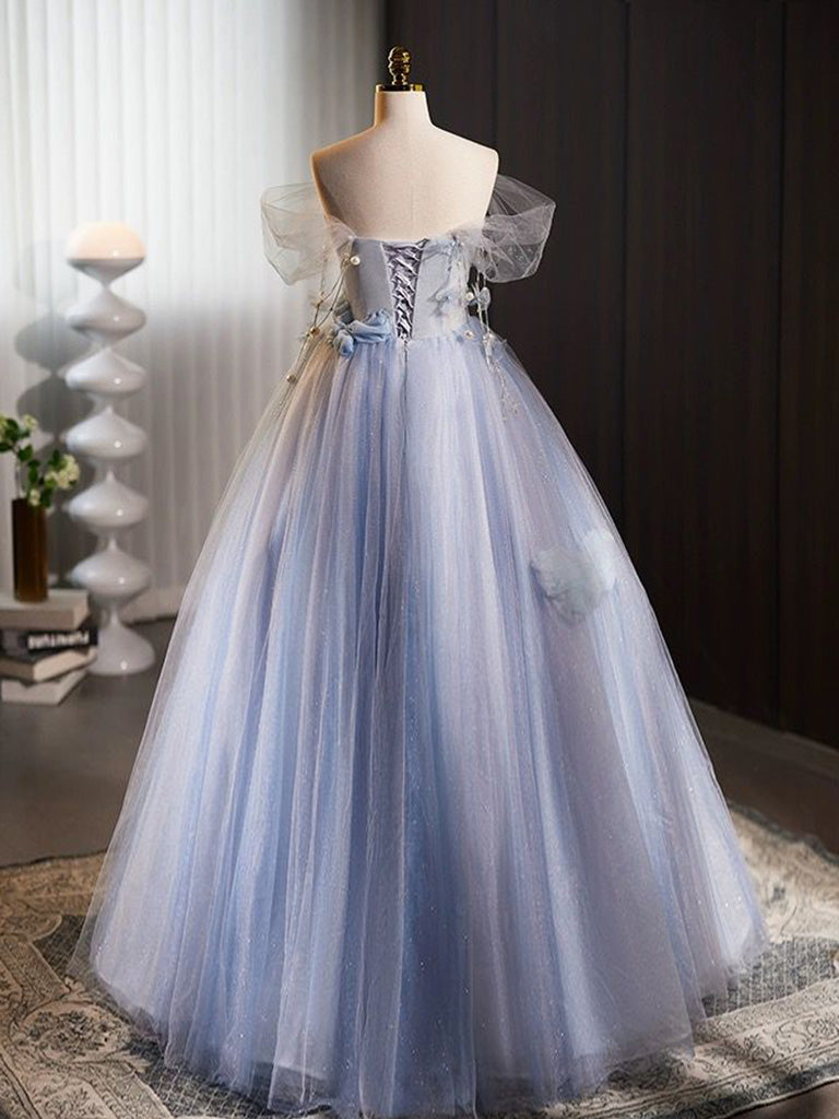 A-Line Off Shoulder Tulle Flower Blue Long Prom Dress, Blue Long Sweet 16 Dress