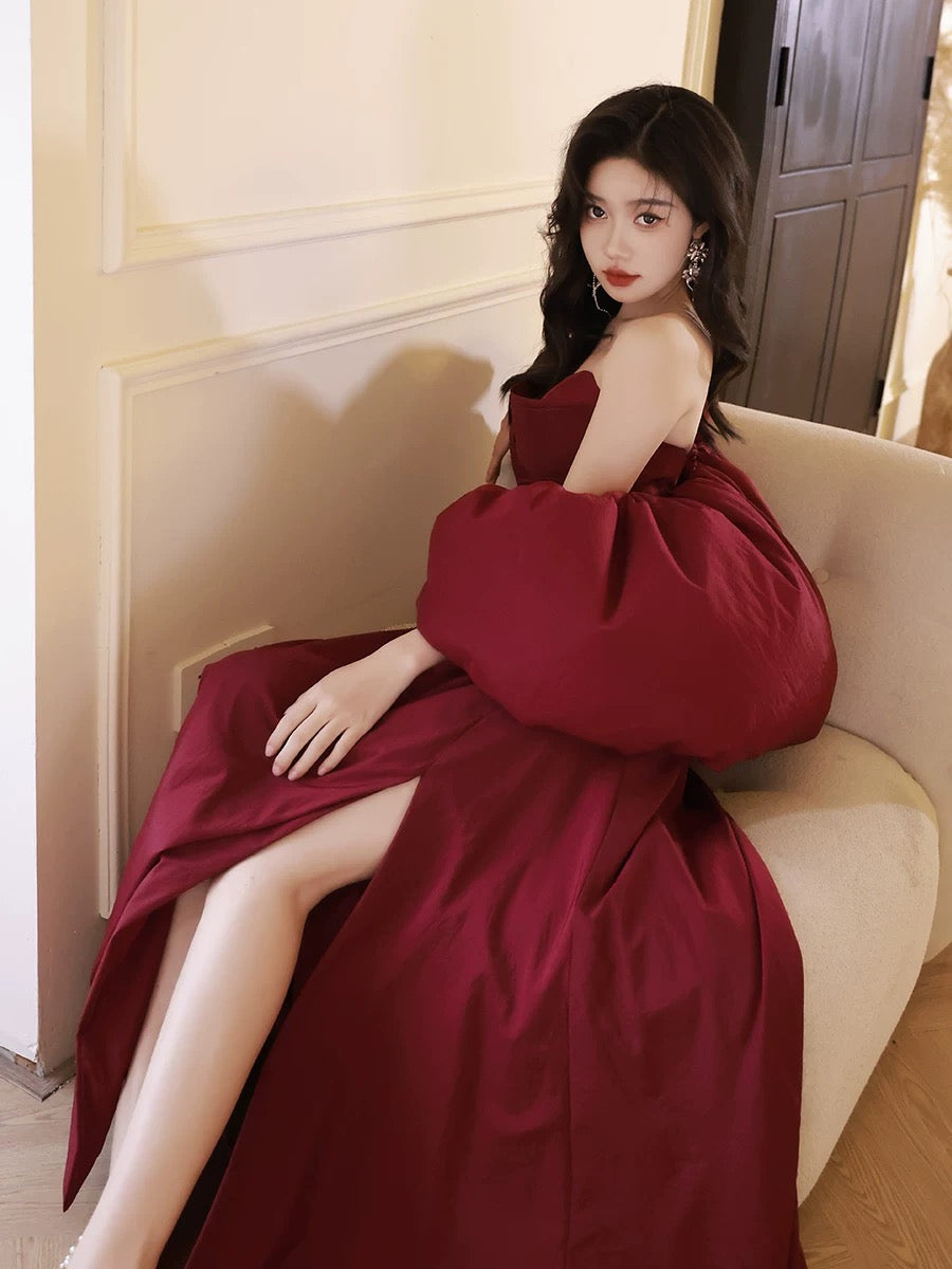 A-Line Taffeta Puff Sleeves Burgundy Long Prom Dress, Burgundy Long Formal Dress