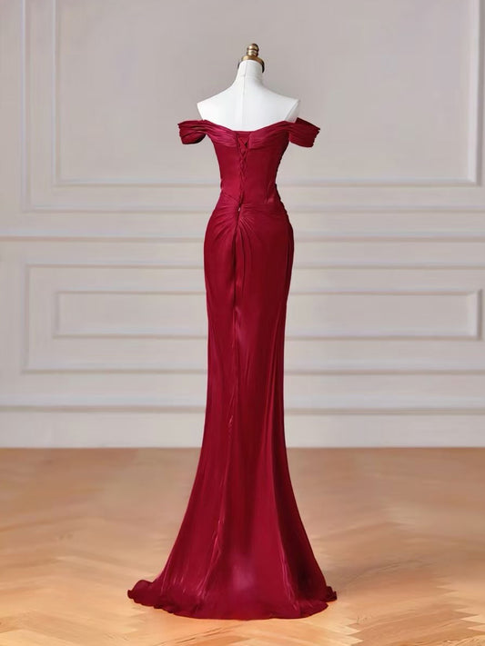 Mermaid off Shoulder Floor Length Burgundy Prom Dress, Burgundy Evening Dress
