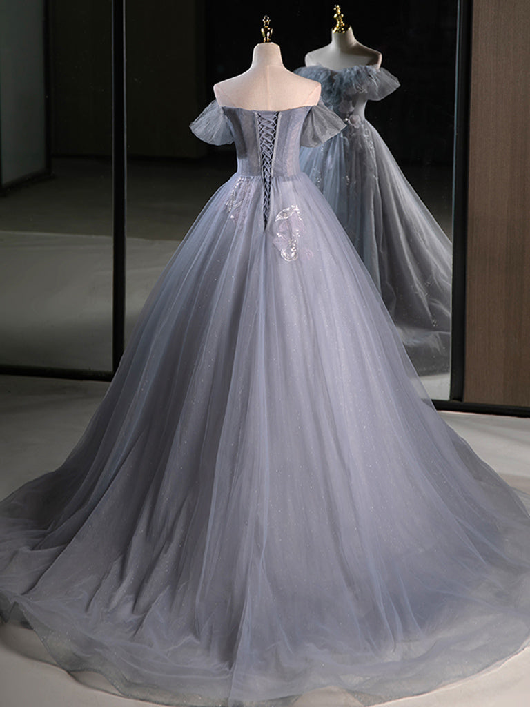 A-Line Off Shoulder Tulle Lace Gray Blue Long Prom Dress, Gray Blue Long Formal Dress