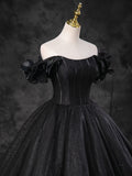 A-line Off Shoulder Tulle Black Long Prom Dress, Black Long Evening Gown