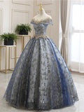 A-Line Round Neck Tulle Sequin Lace Blue Long Prom Dress, Blue Long Formal Dress