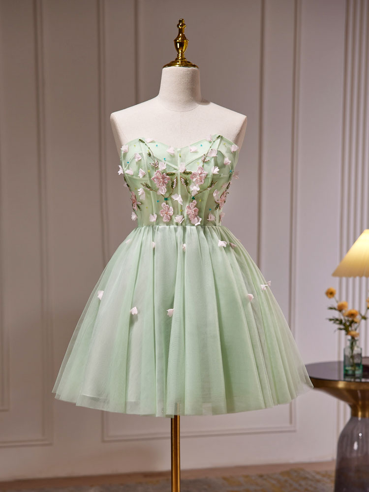 A-Line Sweetheart Neck Tulle Beads Green Short Prom Dress, Cute Homeco dresstby A-Line Sweetheart Neck Tulle Beads Green Short Prom Dress, Cute Homeco dresstby
