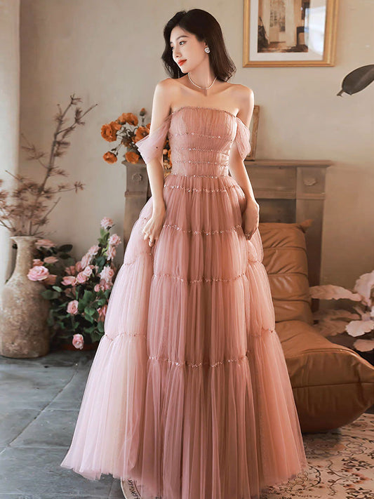 A-Line Pink Off Shoulder Long Prom Dress, Pink Long Formal Dress