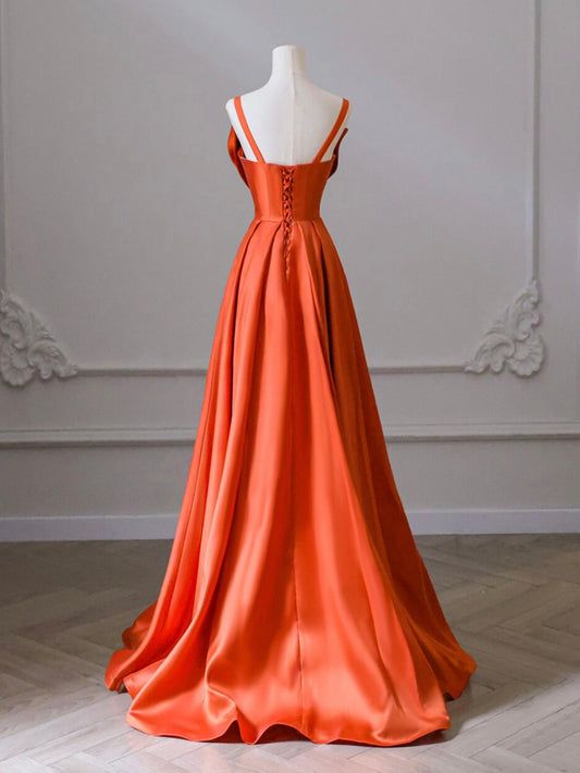 A-Line Orange Satin Long Prom Dress, Orange Long Evening Dress
