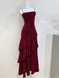A-Line Floor Length Velvet Ruffles Burgundy Prom Dress