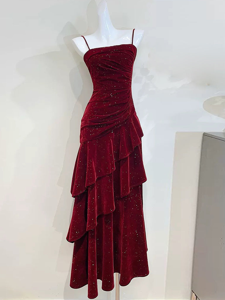 A-Line Floor Length Velvet Ruffles Burgundy Prom Dress