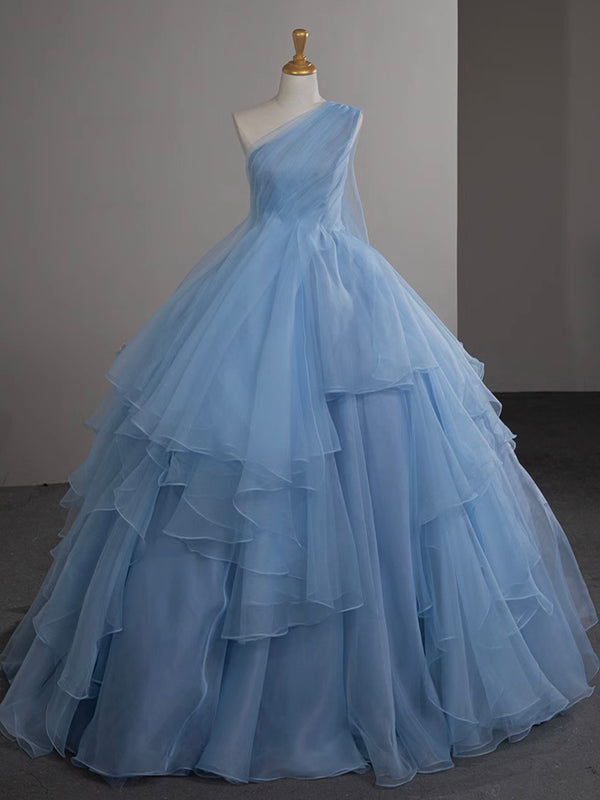 Ball Gown One Shoulder Tulle Blue Long Prom Dress, Blue Long Evening Dress