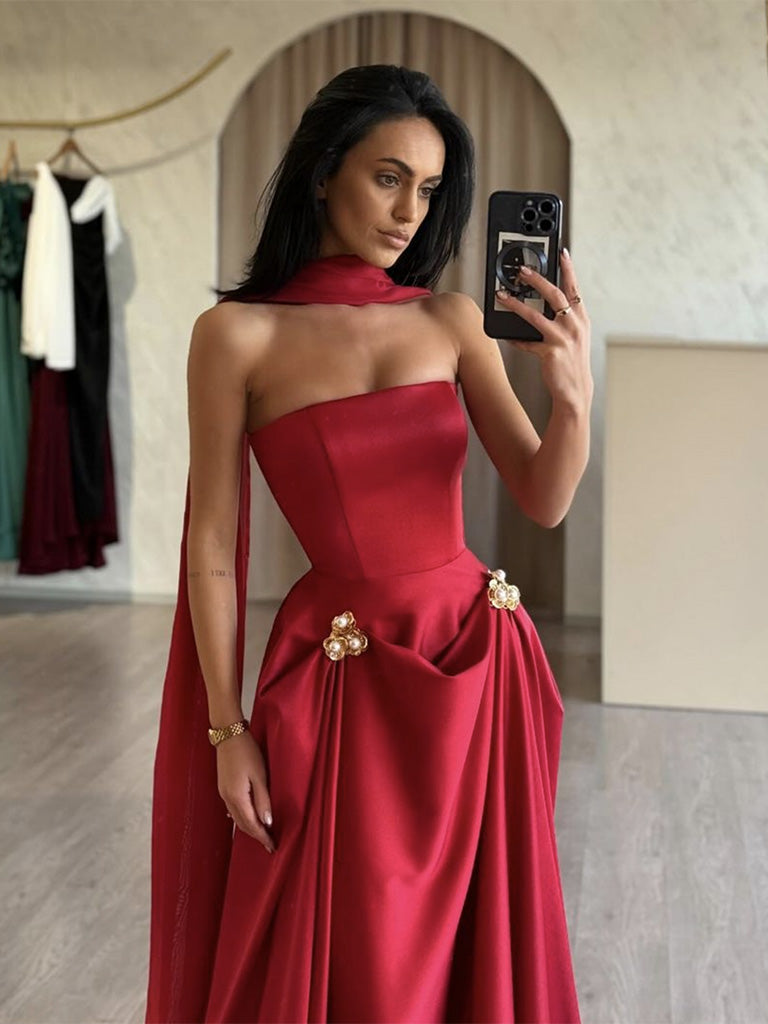 A-Line Satin Red Long Prom Dress, Red Long Evening Dress