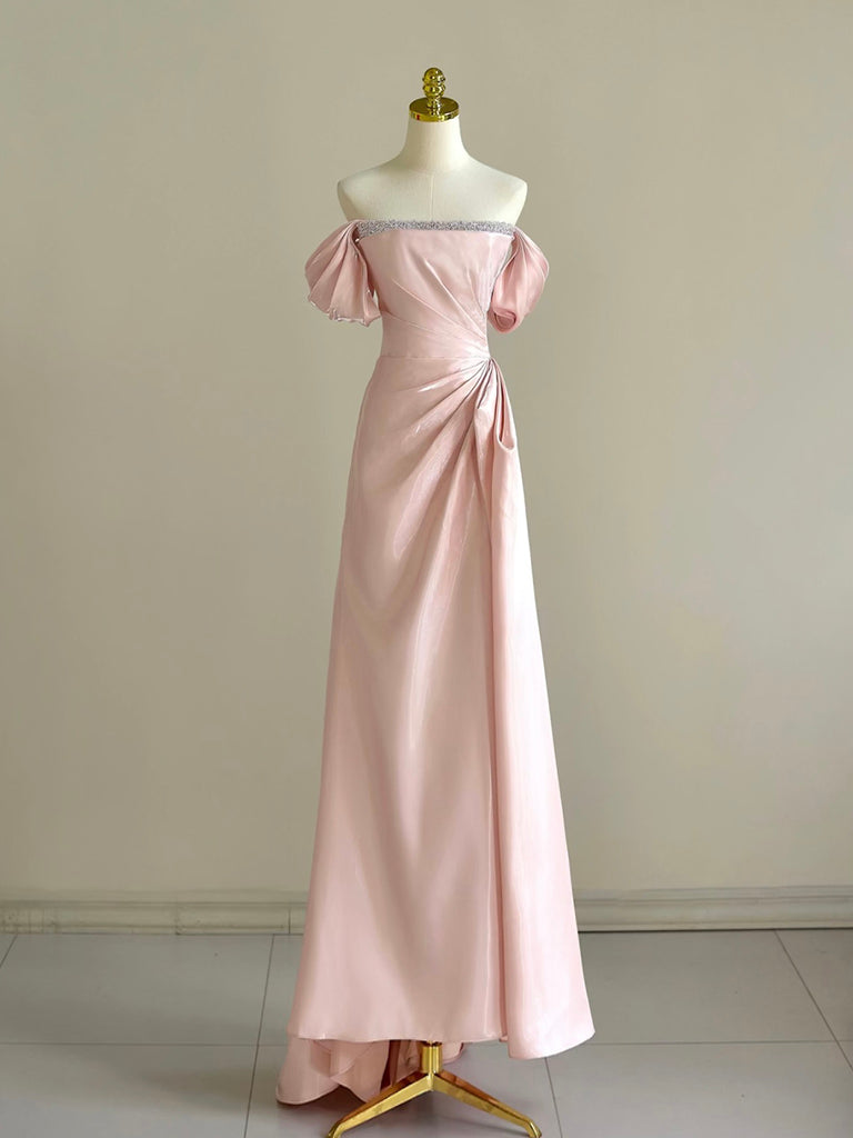 A-Line Off Shoulder Pink Long Prom Dress, Pink Long Formal Dress with Beads