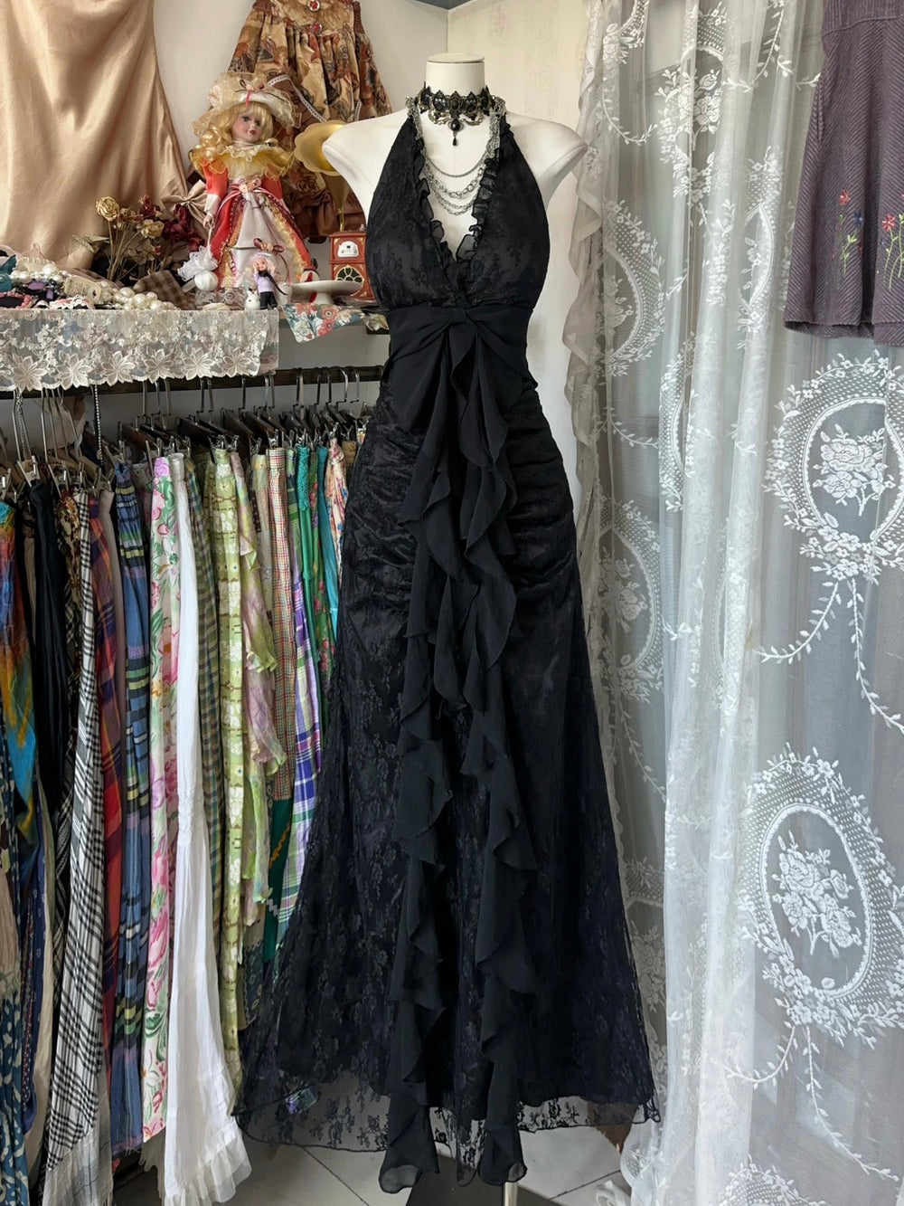 Mermaid V Neck Chiffon Lace Black Long Prom Dress, Black Formal Dress