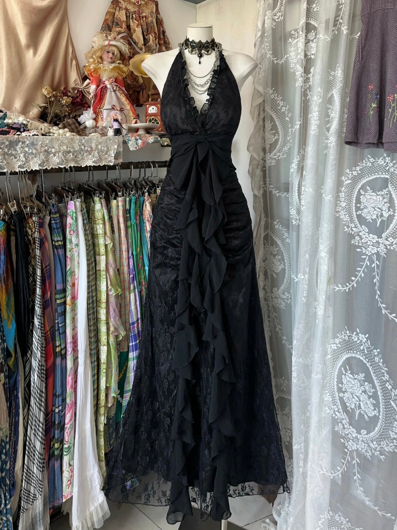Mermaid V Neck Chiffon Lace Black Long Prom Dress, Black Formal Dress