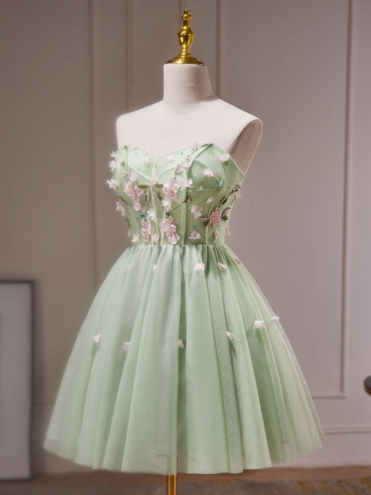 A-Line Sweetheart Neck Tulle Beads Green Short Prom Dress, Cute Homecoming Dress - Custom Size / Green A-Line Sweetheart Neck Tulle Beads Green Short Prom Dress, Cute Homecoming Dress - Custom Size / Green